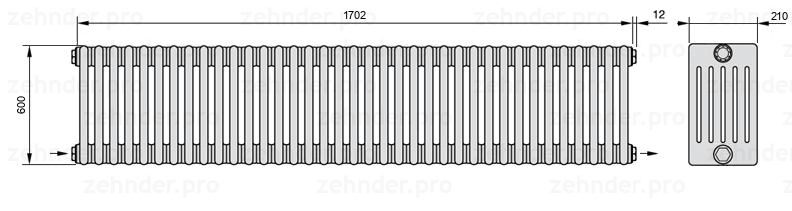 Схема (чертеж) Радиатор Zehnder Charleston 6060/37 №2670 Белый глянцевый RAL 9016